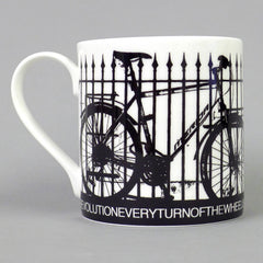 A fine English bone china mug celebrating Bristol's cycling community. These bicycles were photographed outside Bristol Cathedral. Artwork by Flora. Fine bone china gift giftware local mug salvaged vintage print radical Stokes Croft Bristol art souvenir