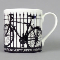 A fine English bone china mug celebrating Bristol's cycling community. These bicycles were photographed outside Bristol Cathedral. Artwork by Flora. Fine bone china gift giftware local mug salvaged vintage print radical Stokes Croft Bristol art souvenir